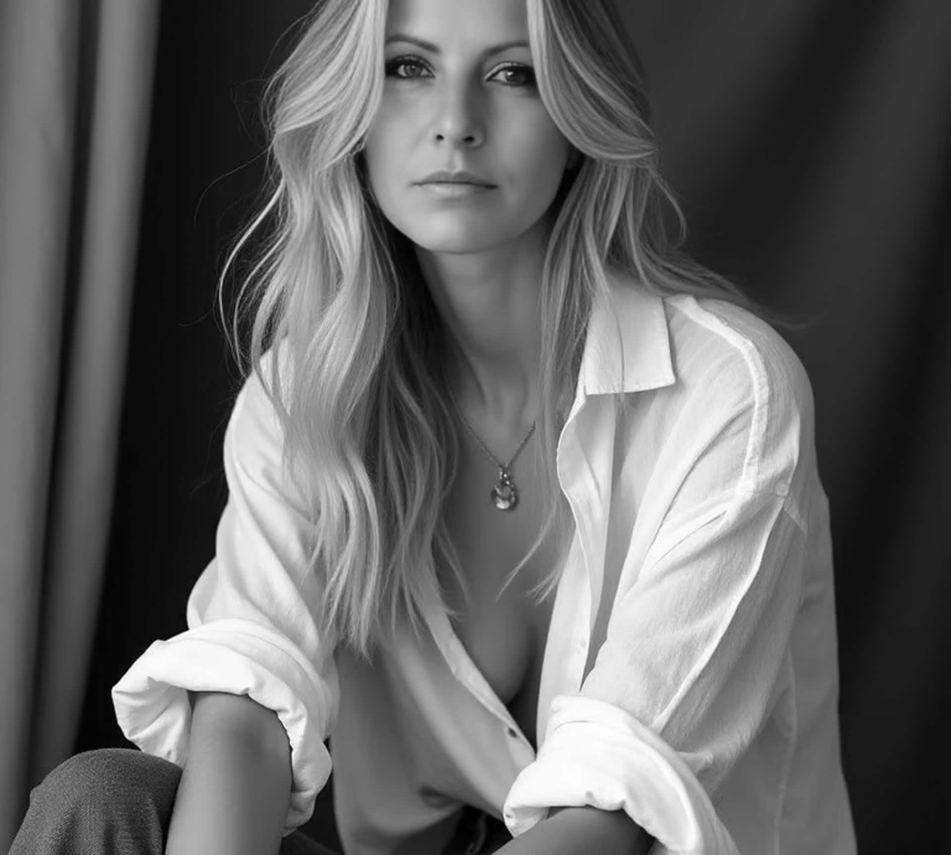 Black-and-white portrait of blonde woman in white shirt